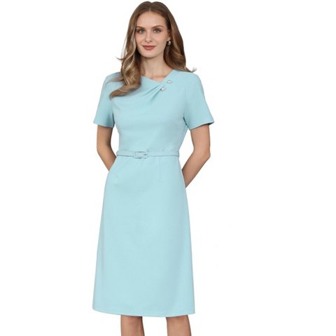 Женские платья INSPIRE CHIC Women's Short Sleeve Asymmetrical Neck Beaded Business Belted A-Line Midi Dresses Medium Light Blue