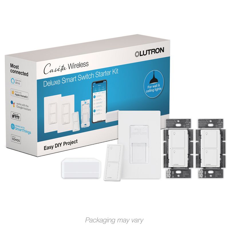 Lutron Caseta Deluxe Smart Switch Kit with Caseta Smart Hub | Neutral Wire Required | P-BDG-PKG2WS-WH | White, 1 of 11