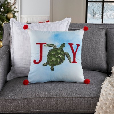 18" Multicolor Embroidered Holiday Sea Turtle Throw Pillow