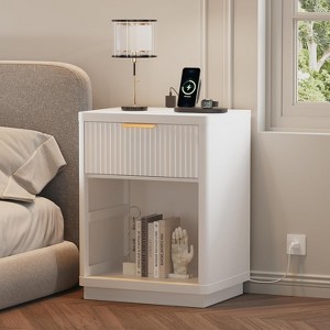 Fluted Farmhouse Night Stand, Fluted Nightstand with Charging Station, Fluted Nightstand with Drawer, Modern Mid Century Bedside Table w/Metal Handle - 1 of 4