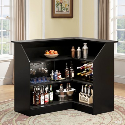 MAYEERTY L-Shaped Bar Table, 4-Tier Bar Cabinet Reception Desk，Black
