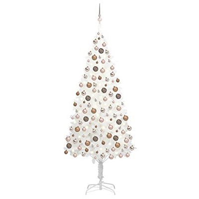 vidaXL Artificial Christmas Tree with LEDs- White, 82.7" High, Complete with Stand, Rose Gold Ball Set, 1100 Branches