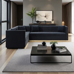 100.8" Velvet L-Shaped Sectional Sofa with Channel Tufting, Gold Base & 4 Pillows - 1 of 4