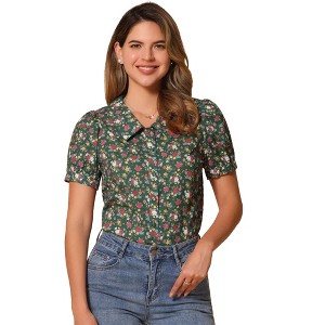 INSPIRE CHIC Women's Puff Short Sleeves Point Collar Button Down Floral Shirts - 1 of 4