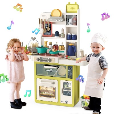 Skirfy 63PCS Kids Kitchen Playset,Play Kitchen Toy with Realistic Lights & Sounds,Pretend Steam, Play Sink & Oven