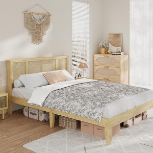 Bed Frame with Natural Rattan Headboard, Queen Size, 4 Storage Drawers, Wooden Slats, Boho-Style Cane Support, Metal Base - 1 of 4