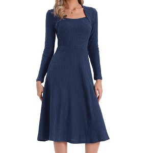 INSPIRE CHIC Women's Casual Square Neck A-Line with Pockets Knitted Sweater Dress X-Large Dark Blue