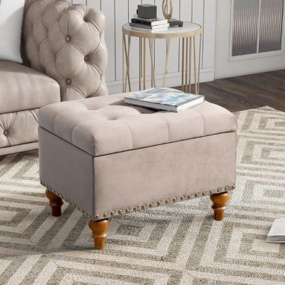 CAVINAS Square Ottoman with Storage Space, Retro Riveted Velvet Upholstered Storage Ottoman Bench, Hidden Support Hinges