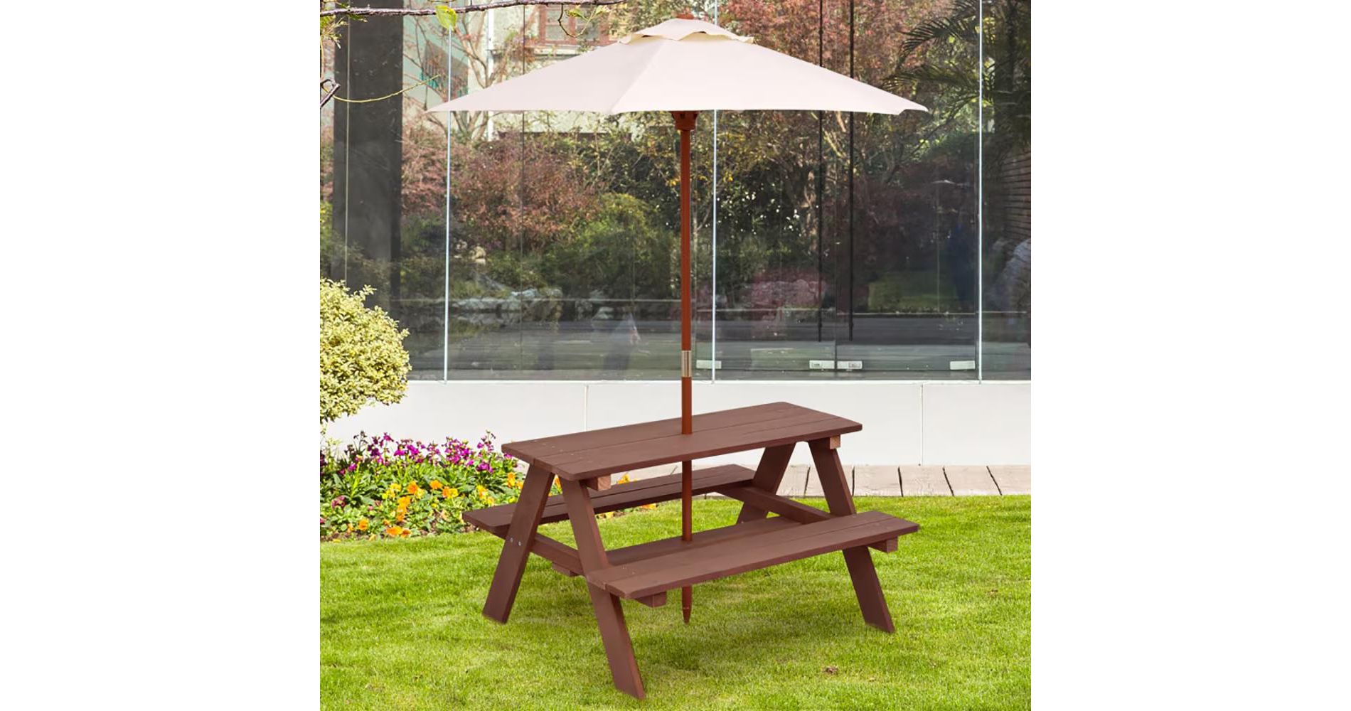 Outdoor Kids Picnic Table Bench Set with Removable Umbrella, 4-Seat Wooden Activity Table for Toddlers, Backyard Garden Play