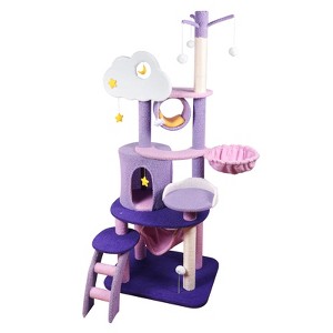 Bekrvio 65" Cute Cat Tree Tower Activity Center, Large Playing House Condo Rest for Kittens, Purple - 1 of 4
