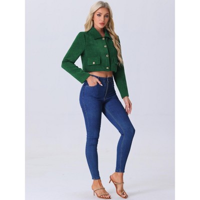 Allegra K Women's Tweed Short Suit Long Sleeve Crop Jacket X-Large Green — фото 4