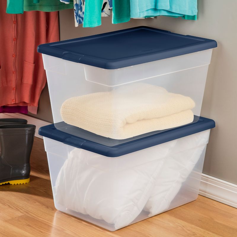 Sterilite Stackable Clear Home Storage Box with Handles and Marine Blue Lid for Efficient, Space Saving Storage and Organization, 4 of 9