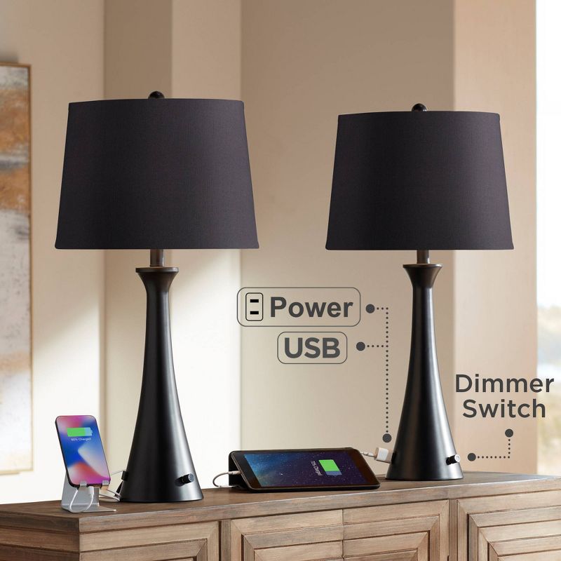 360 Lighting Karl Modern Table Lamps 28 1/4" Tall Set of 2 Black Metal with USB and AC Power Outlet in Base Faux Silk Shade for Bedroom House Home, 2 of 10