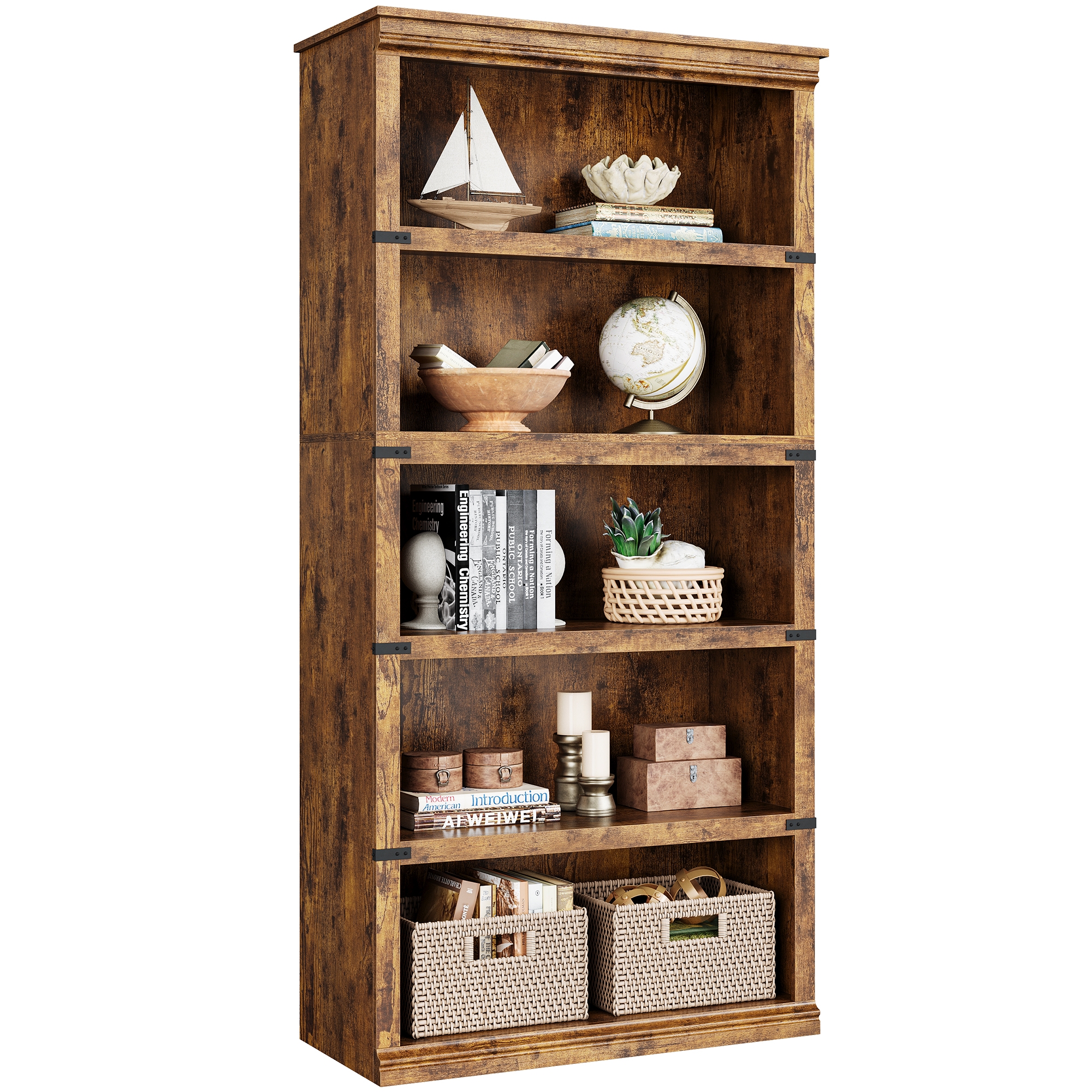 5 Tier Bookcase,Farmhouse Book Shelf with Storage,Wooden 5 Shelf Bookcase for Home Office,Living Room,Bed Room(Vintage,67.4" H x 31.5" W x 12.8" D)
