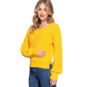 Slickblue Women's Double V-Neck Sweater, Long Sleeve Relaxed Fit, Black/Grey/Red/Yellow Knit, Size S-L - 1 of 4