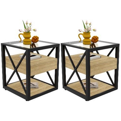 NicBex Industrial 3-Tier End Table with Drawer, Tempered Glass & Metal Frame Side Table, Modern Nightstand for Bedroom, Living Room Small Table