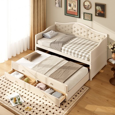 Twin Wood Daybed with 2 Storage Drawers and Pull-out Trundle, Space-saving Sofa Beds Frame with Button Tufted Backrest, No Box Spring Needed