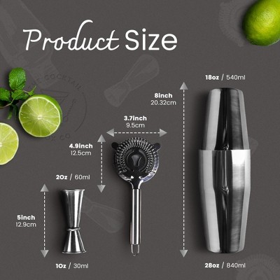 Stainless Steel Boston Cocktail Shaker Set with Wood Stand