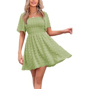 EXLURA Women's Summer Casual Square Neck Dresses Ruffle Short Sleeve Swiss Dot Flowy Mini Dress - 1 of 4