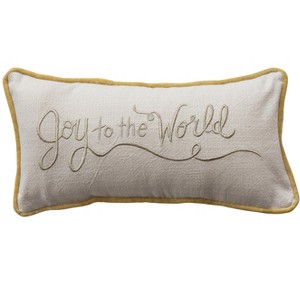Storied Home Slub Lumbar Pillow with Embroidery, Piping, and Velvet Back "Joy to the World", Cream and Gold - 1 of 2
