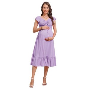 Coolmee Women Summer Maternity Maxi Dress Sweetheart Neck Short Sleeve Smocked Boho Drawstring Long Dress Photoshoot Baby Shower - 1 of 4