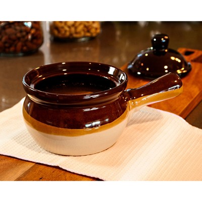 Brown and Cream Ceramic Onion Soup Bowls with Lids, Set of 4