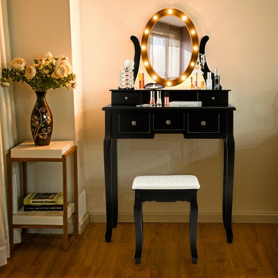 Costway Vanity Set Makeup Dressing Table w/5 Drawers 12 LED Bulb Black