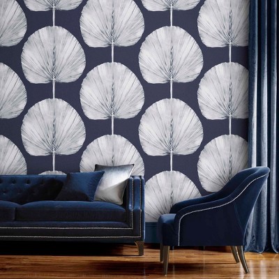Navy and Silver Palm Leaf Wallpaper Roll