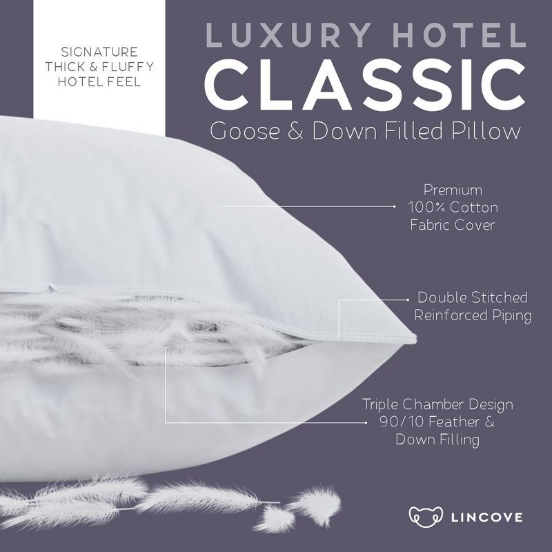 Lincove Down & Feather Bed Pillows - Luxury Hotel Collection, 100% Cotton, 600 Thread Count, 1 Pack, 3 of 9