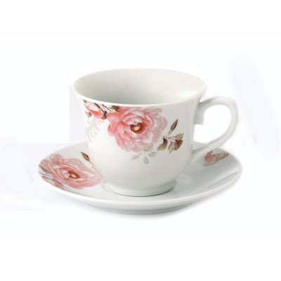 Blush Floral Porcelain Teacup and Saucer Set, 8-Piece