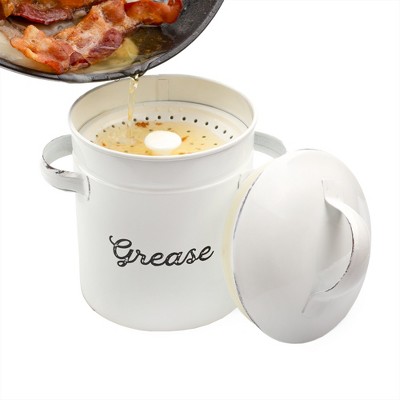AuldHome Design Enamelware Grease Container w/ Strainer, Rustic Farmhouse Style Kitchen Storage Tin, 3.25 Cup Capacity