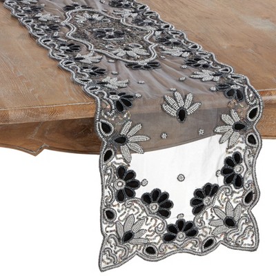 Saro Lifestyle Hand Beaded Design Table Runner, Black, 16