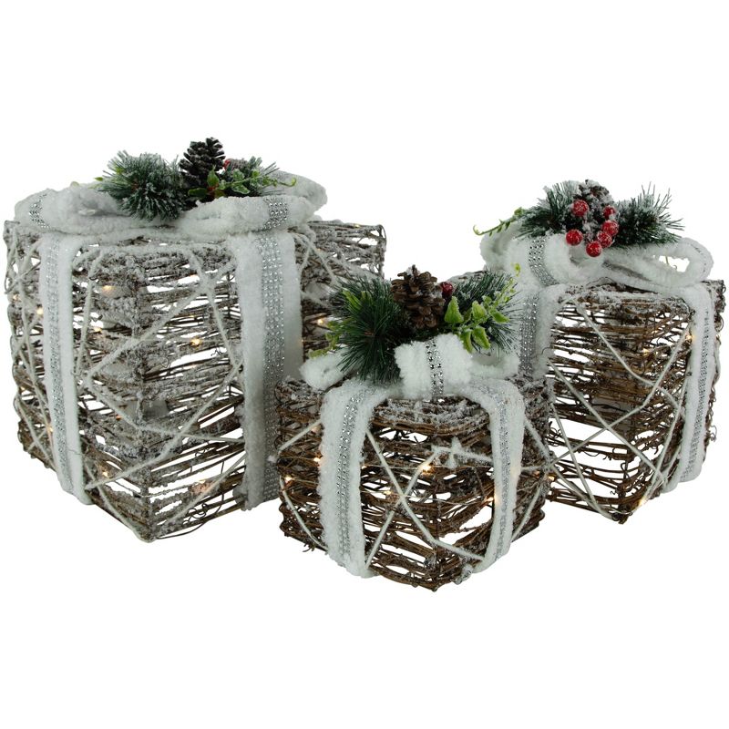 Northlight Set of 3 LED Lighted Gift Boxes with Pine and Berries Christmas Decorations 9.75", 1 of 7