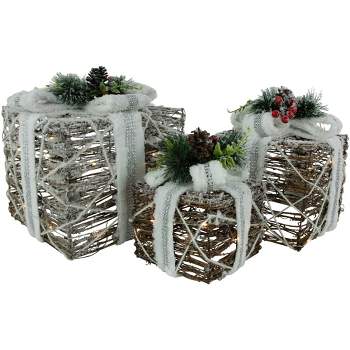 Northlight Set of 3 LED Lighted Gift Boxes with Pine and Berries Christmas Decorations 9.75"