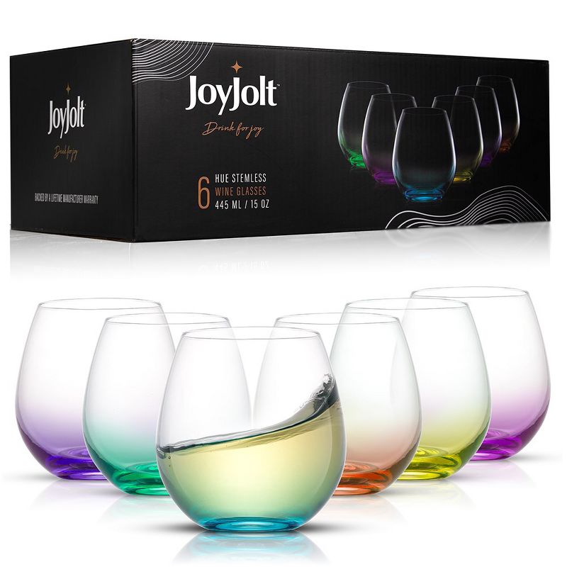 JoyJolt Hue Colored Stemless Wine Glass-Set of 6 Colorful Red or White Wine Drinking Glasses- 15 oz, 4 of 9