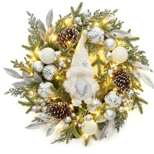 22" Battery Operated Pre-Lit Christmas Wreath with Gnomes - Silver & White Balls, Pine Cones - Perfect for Front Door, Fireplace & Window Decor - 1 of 4