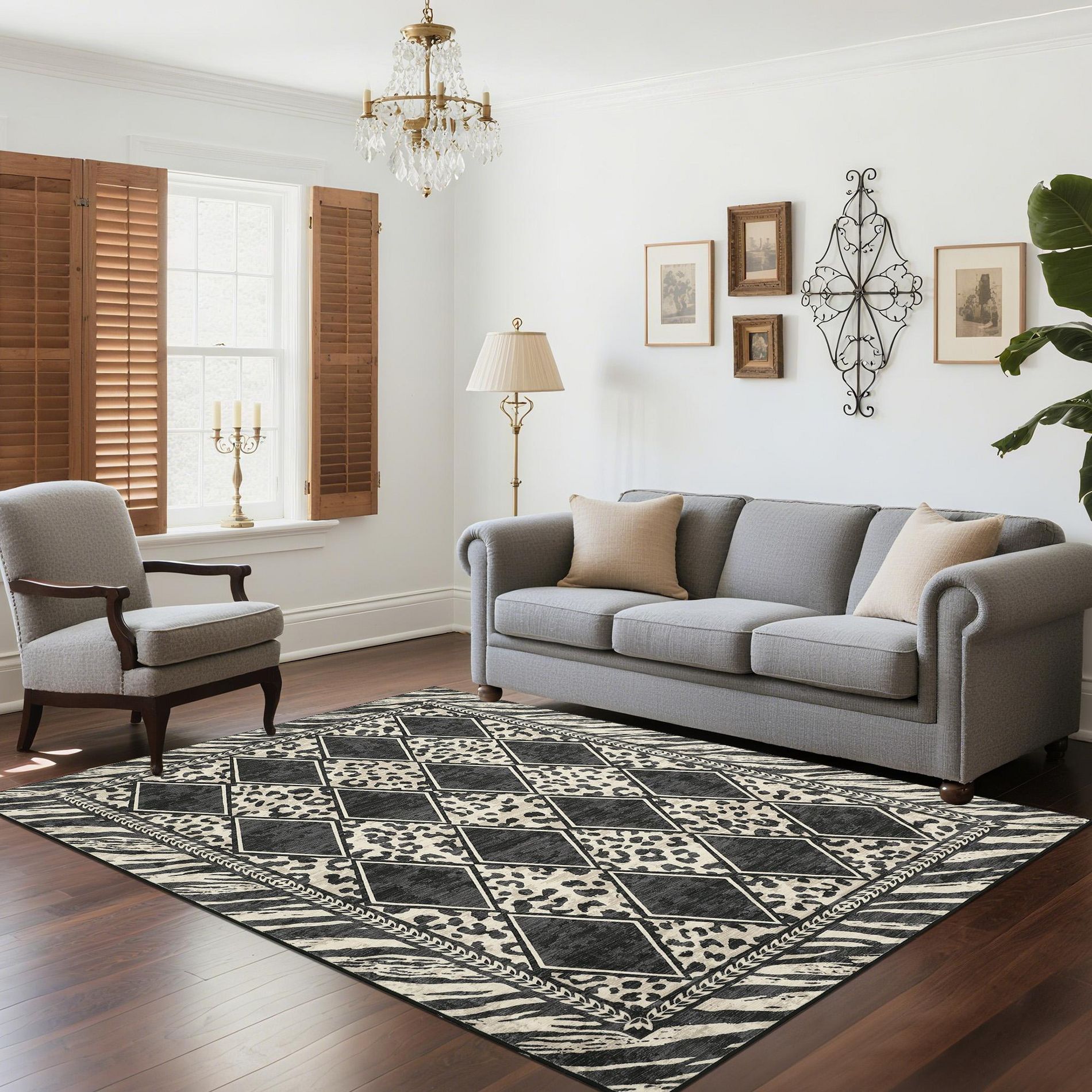Animal Prints Washable Rug Non Slip Soft Low Pile Checkered Indoor Carpet for Living Room Bedroom Dining Room
