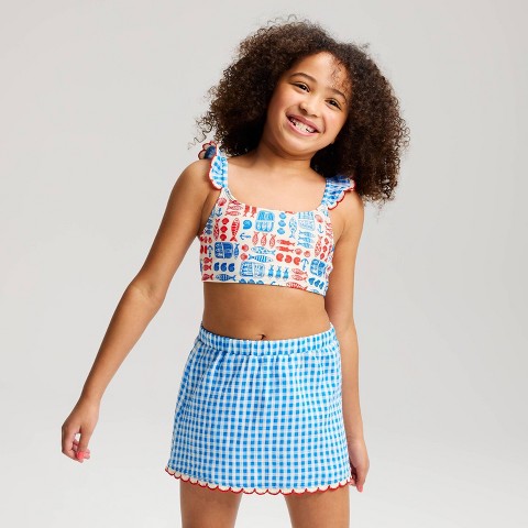 Детские купальники Cat & Jack Girls' Fish & Gingham Bikini Skirt Set - Cat & Jack™ Blue S