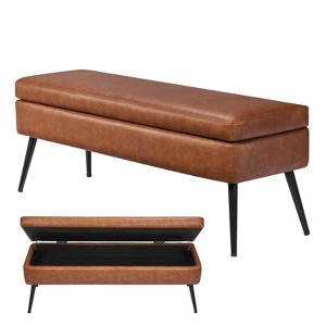 VEVOR Leather Storage Ottoman Bench, PU Leather Bench with Storage and Metal Legs, Upholstered End of Bed Benches, Brown - 1 of 4