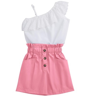 Girls 2 Piece Outfits One Shoulder Ruffle Collar Sleeveless Tank Top and Shorts Set 3-12Y