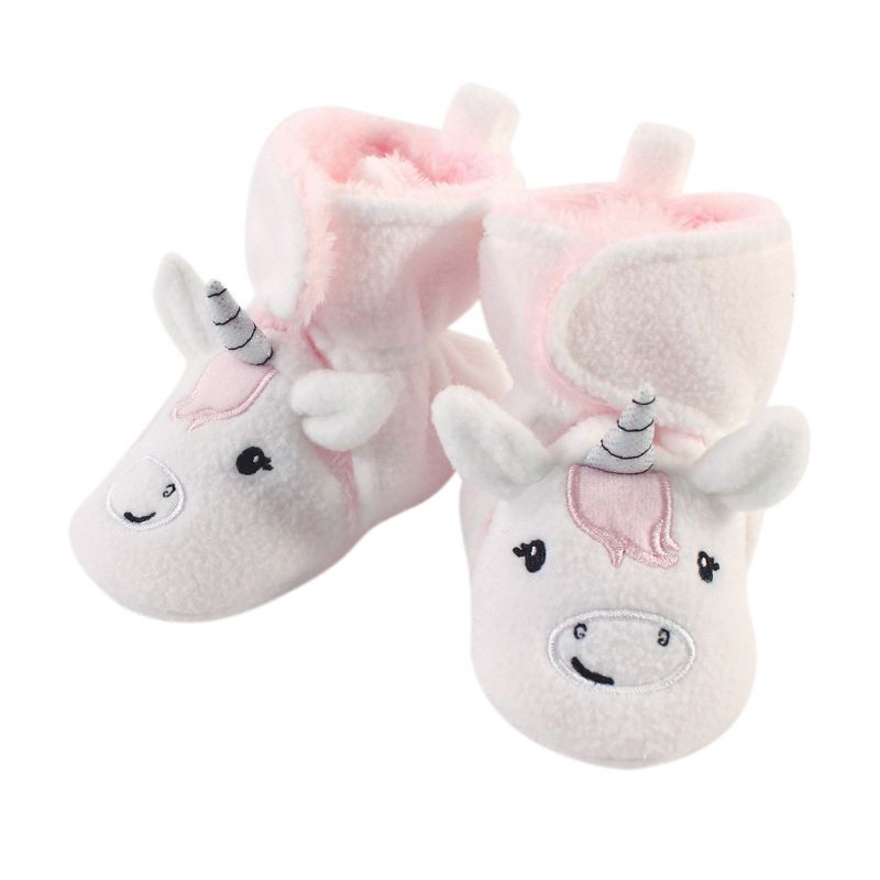 Hudson Baby Infant and Toddler Girl Cozy Fleece Booties, Silver White Unicorn, 1 of 3