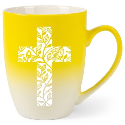 Elanze Designs Cross Leaf Two Toned Ombre Matte Yellow and White 12 ounce Ceramic Stoneware Coffee Cup Mug