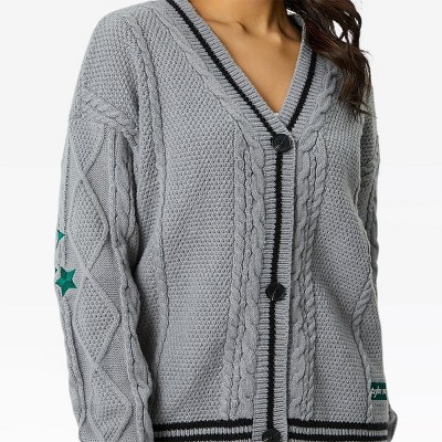 Womens Cable Knit Caridigan Open Front Trendy Sweater Elbow Embroidered Sweater Cardigan V Neck Color Block Textured Seed Knit Stitch Sweater