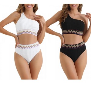 INSPIRE CHIC Women's Ribbed One Shoulder High Waist Color Braided Trim Swimwear Bathing Bikini Suits 2 Sets - 1 of 4