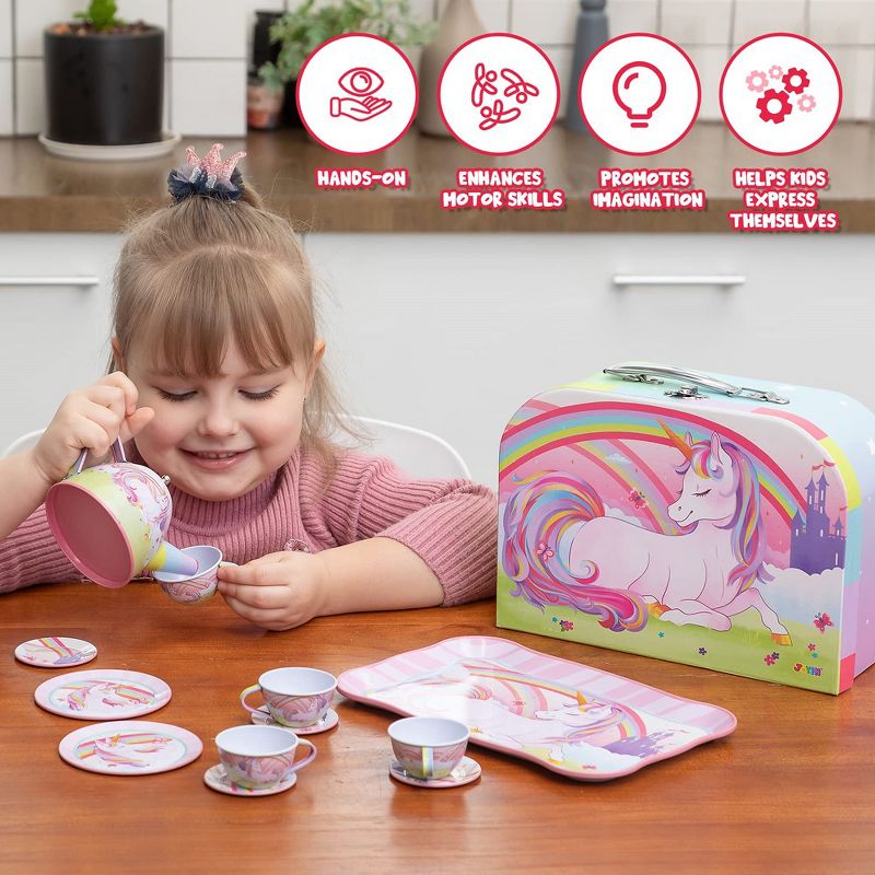 Joyin Unicorn Tin Teapot for Girls, Princess Tea Party Set Kitchen Toy with Teapot, Cups, Plates and Carrying Case for Birthday Gifts, 5 of 8