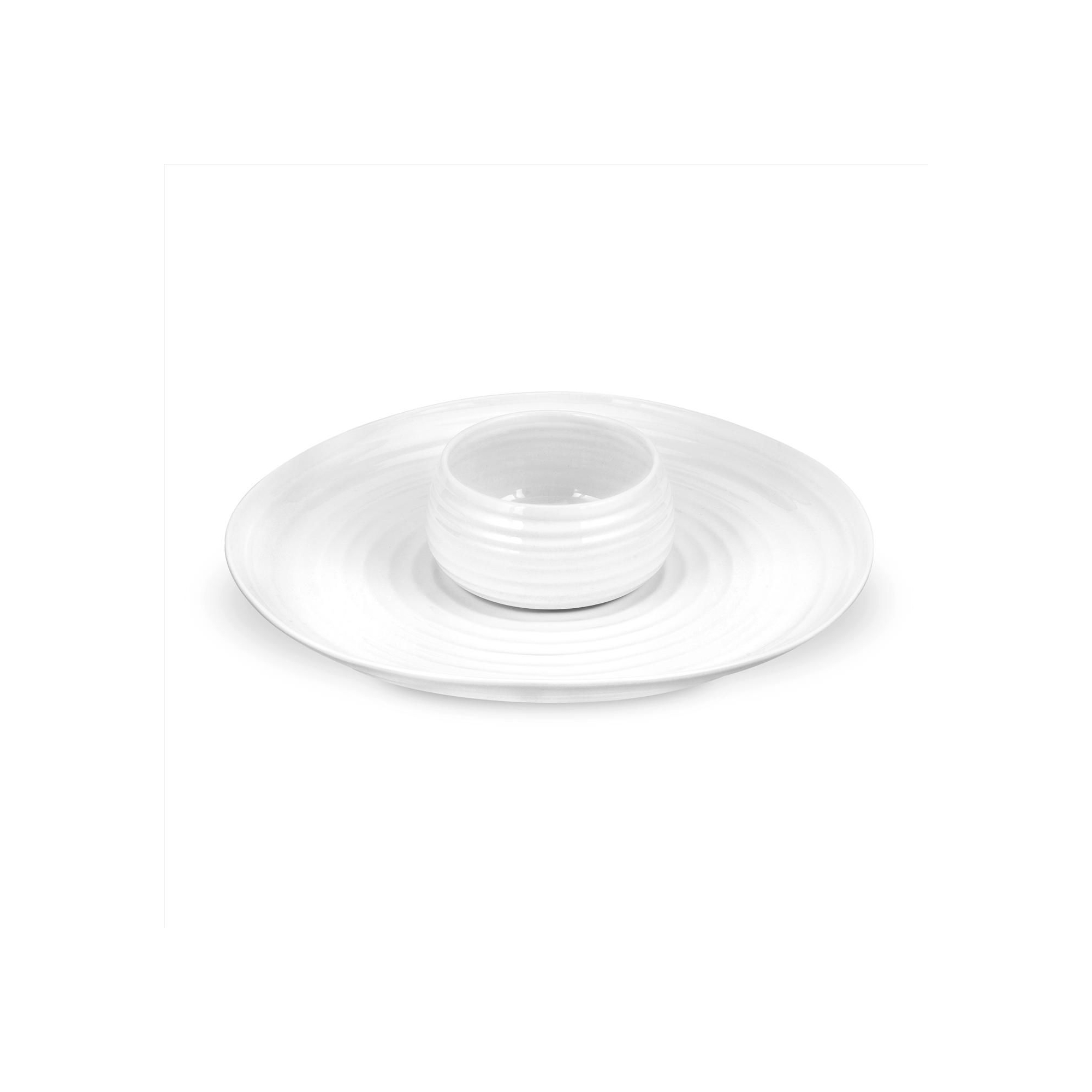 Portmeirion Sophie Conran White Dipping Platter, 12 In Chip Tray with 12 oz Dip Bowl, Elegant Fine Porcelain, for Appetizers, Chips, Snacks, Parties