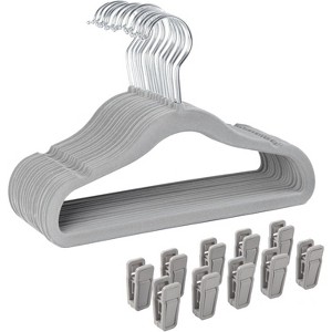 Finnhomy Non-Slip Clothes Hangers for Baby and Kids 30-Pack Velvet Hangers with 10 Finger Clips, Gray - 1 of 4
