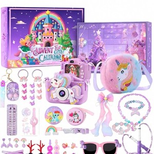 Aoibox Unicorn Advent Calendar for Girls 2025 24 Day Countdown Box with Kids Camera Bracelets Jump Rope Hair Clips Bag 1 Set - 1 of 4