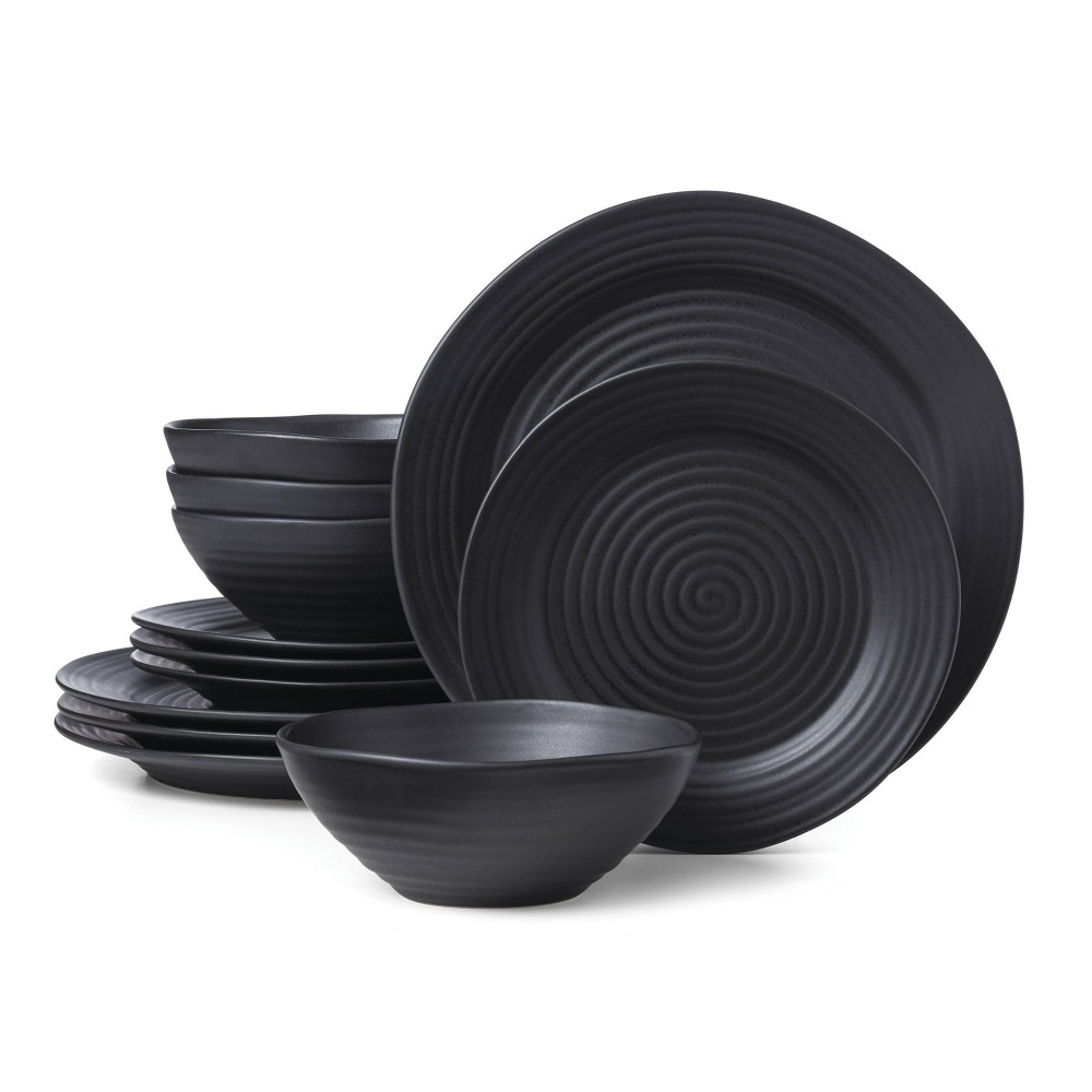 UPC 079363145130 product image for Oneida 12pc Stoneware Dinnerware Set Ridge Black: Matte Black Dishes, Swirl Patt | upcitemdb.com