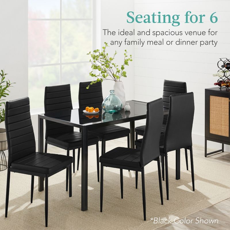 Best Choice Products 7-Piece Kitchen Dining Table Set w/ Glass Tabletop, 6 Faux Leather Chairs, 3 of 9